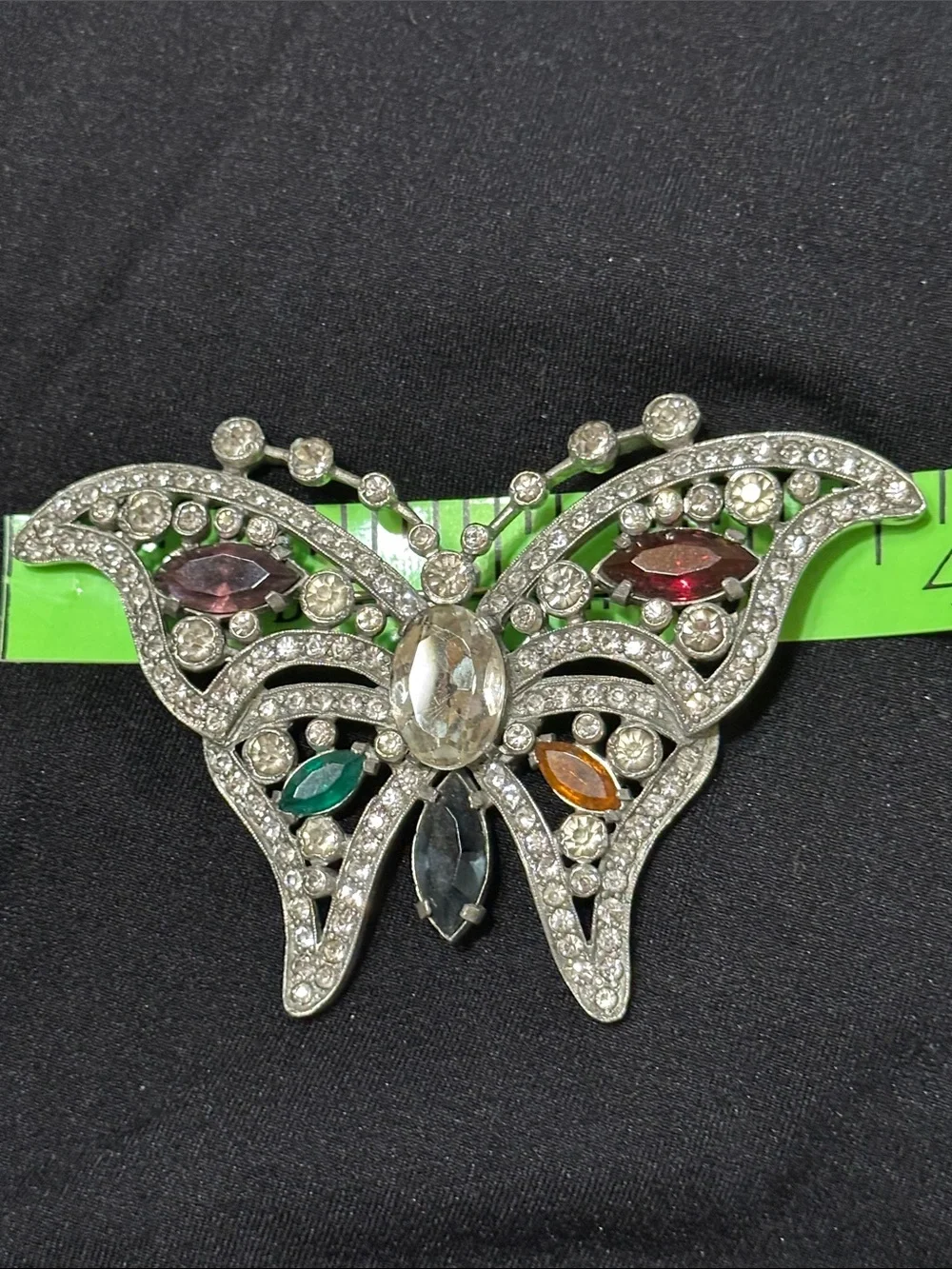 Pot Metal Butterfly Large Brooch w/Multicolor Prong set & Bezel set Rhinestones